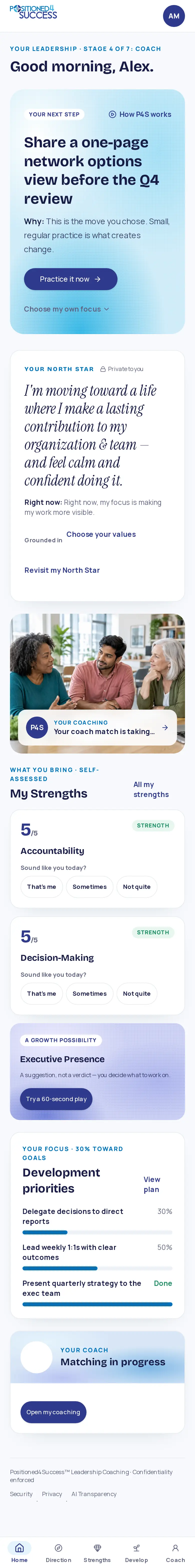 Northwind demo leader home screen with a chosen next step, North Star and strengths